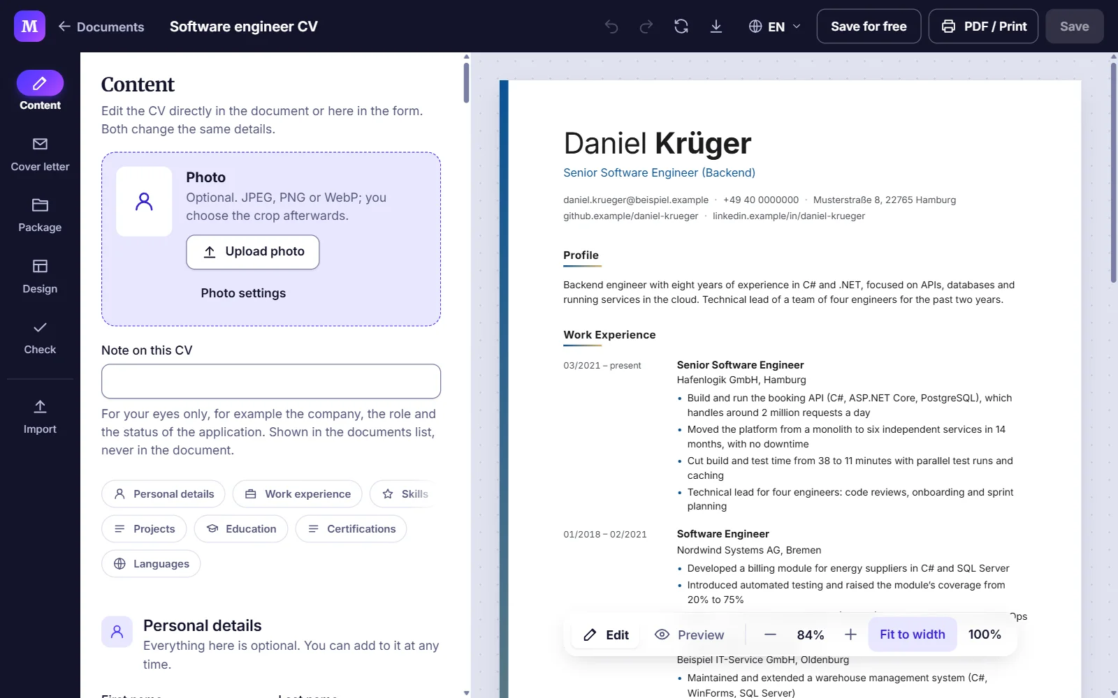 The ModernVitae editor: personal details on the left, the CV as an A4 page on the right