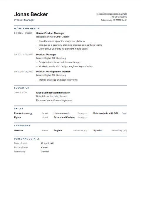 Academic CV template: For long careers: name on the left, contact details on the right, headings under a double rule and a narrow column for the years.