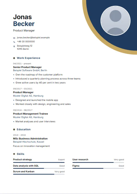 Arc CV template: A large quarter circle in the top right corner holds the round photo; name and contact details sit to its left.