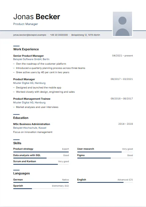 Bandeau CV template: Contact details on a full-width tinted band that the photo overlaps; dates on the right.
