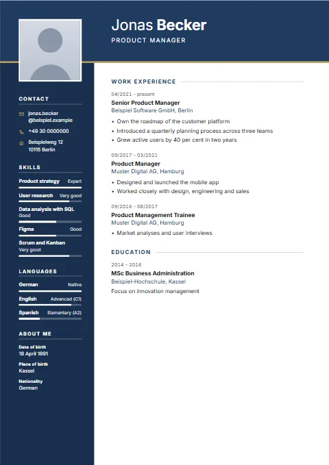 Bracket CV template: Header band and sidebar form an angle in a single colour; the photo sits in the corner where the two meet.
