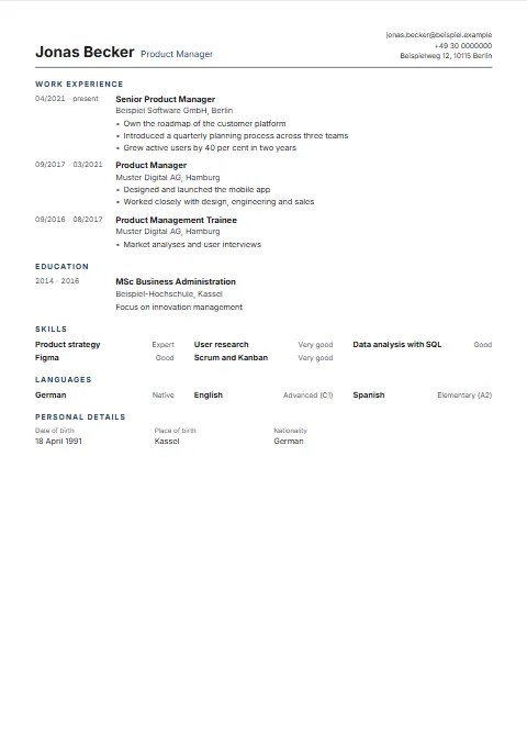Brief CV template: As concise as it gets: small type, narrow margins, name and contact details on one line and skills in three columns.