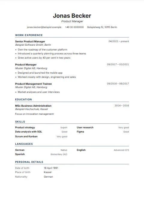 Campus CV template: Sober and without a photo: a centred header, headings with a full-width rule and the dates on the right of the job title line.