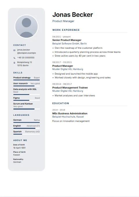 Capsule CV template: The sidebar as a rounded, tinted panel that does not touch the edge of the page, with a round photo inside.