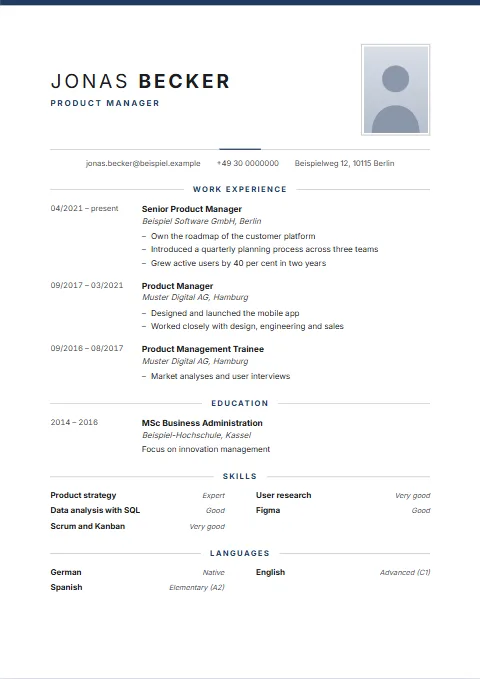 Classic CV template: Formal and symmetrical, with a centred header and fine rules.