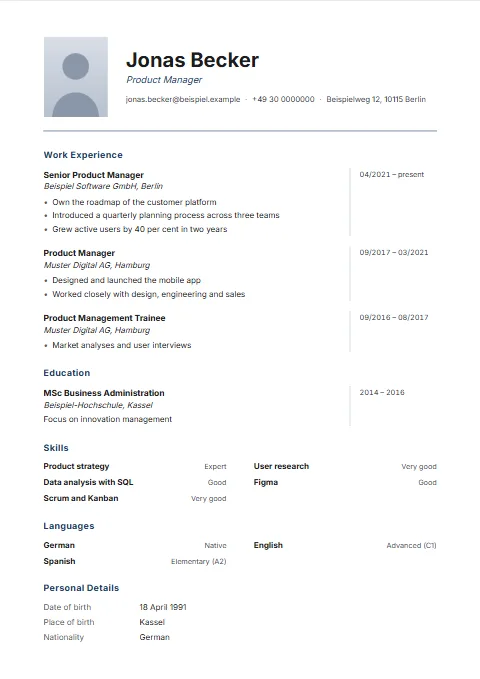 Dateline CV template: The dates sit on the right in a column of their own behind a fine rule; the header has the photo on the left and a rule below.