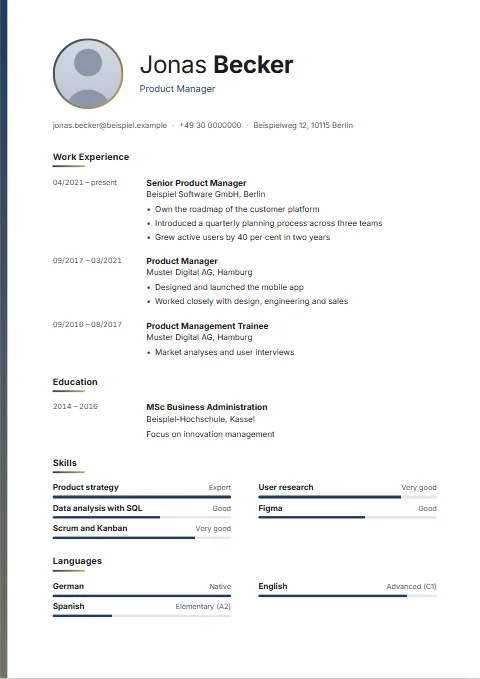 Dawn CV template: A narrow colour gradient down the full height of the left edge; the photo in a ring of the same gradient.