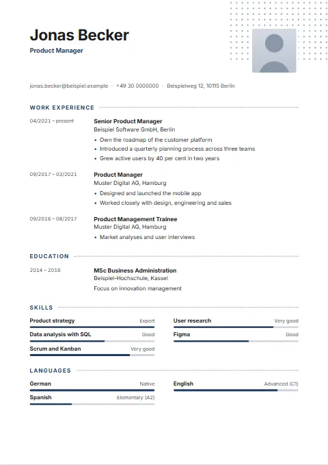 Dots CV template: A field of dots in the top corner with the photo on it; the headings trail off in dots.