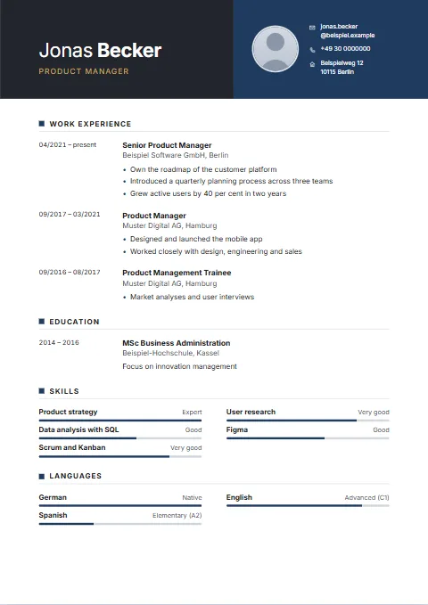 Duotone CV template: A header made of two blocks side by side: charcoal for the name, the accent colour for contact details and photo.