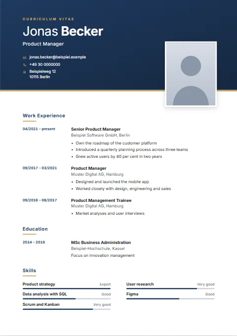 Folio CV template: A header like a cover page: a tall colour block with a large name, a large photo on the right resting on its lower edge and contact details with icons.