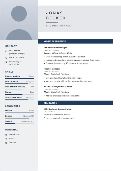 Frame CV template: A light sidebar with the photo, and section headings as coloured bars.