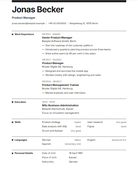 Grid CV template: A strict grid: a heavy bar at the top, a very bold name and each heading in a left-hand column of its own beneath a rule.