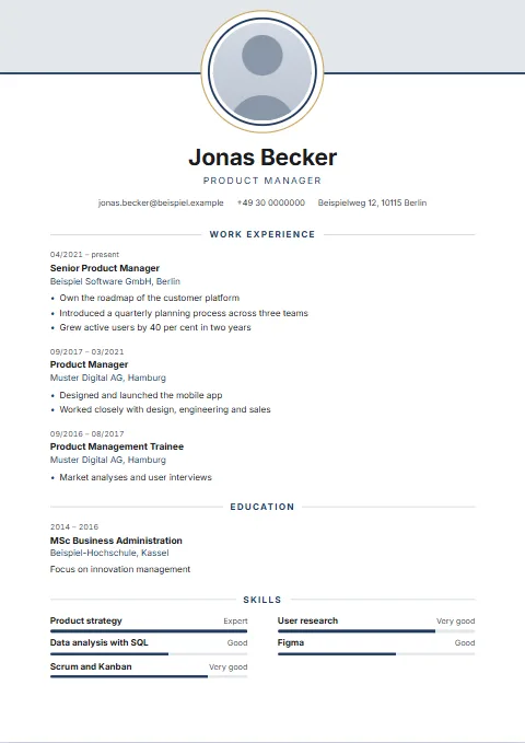 Halo CV template: A large round photo with two rings sits centred on a tinted band; name and contact details are centred beneath it.
