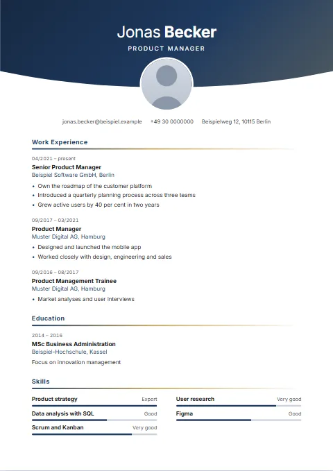 Horizon CV template: A colour gradient in the header with a curved lower edge, the name centred in white and the round photo sitting on the curve.
