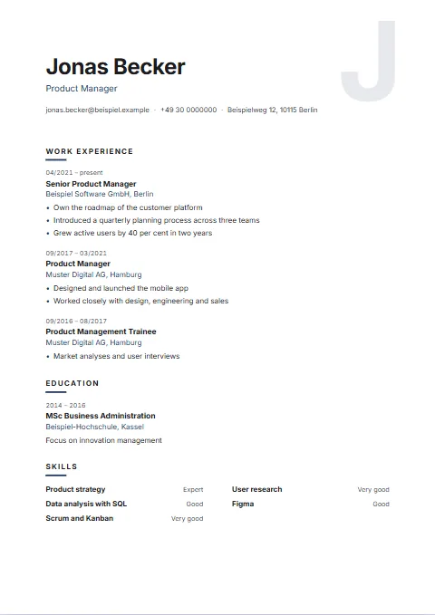 Initial CV template: A huge initial letter sits tinted behind the name; otherwise calm, with headings under a short stroke.