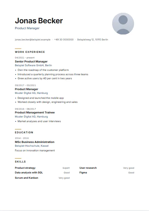 Lead CV template: The profile as a large standfirst beside a bold rule; headings under a short metallic stroke.