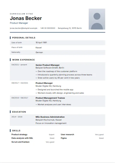 Ledger CV template: The CV in table form: personal details first, roles as rows with alternating shading and the photo on the right of the header.