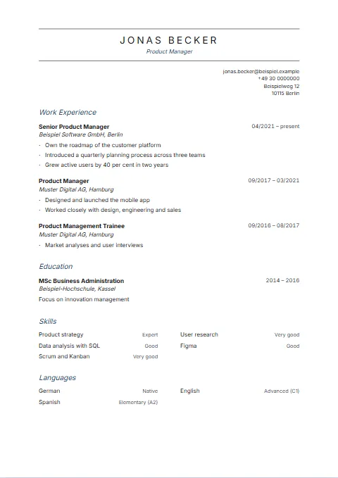 Letter CV template: Like a letterhead: the name in small caps between two fine rules, the address as a block on the right and headings in italics.