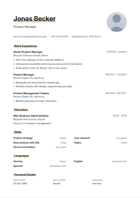 Marker CV template: As if drawn with a highlighter: name and headings sit on a broad metallic stroke.