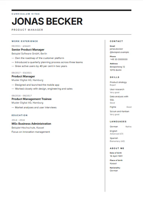 Masthead CV template: Like a magazine masthead: a very large name between bold rules, the profile as a standfirst and a narrow margin column on the right.