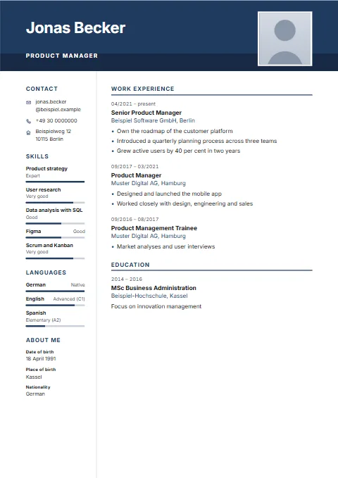 Metro CV template: Solid colour across the full width of the header with a dark stripe below; the sidebar sits on the left without a background.