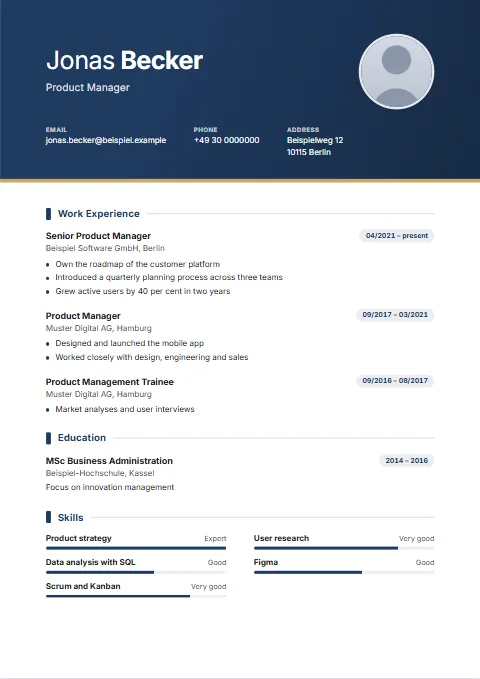 Modern CV template: A tinted header, a bold name and clear tags for the dates.
