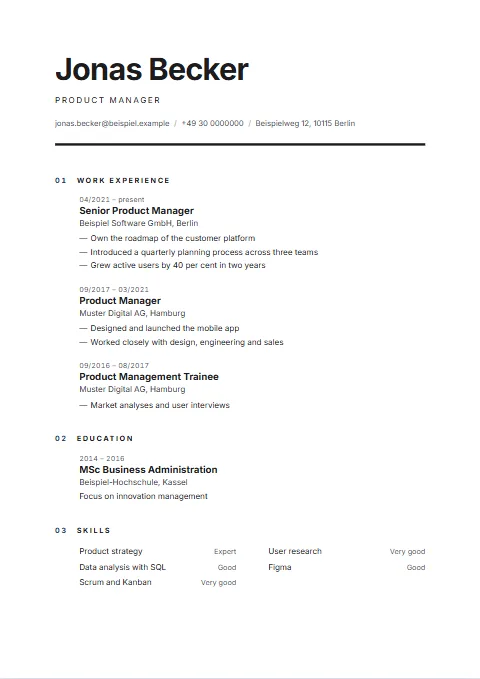 Mono CV template: Purely typographic and without a photo: a large name and numbered sections.