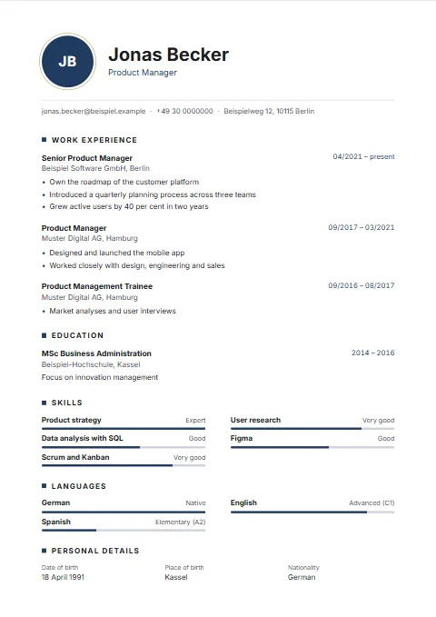 Monogram CV template: Your initials as a mark in place of a photo: a round badge in the header, contact details under a fine rule and headings with a small square.
