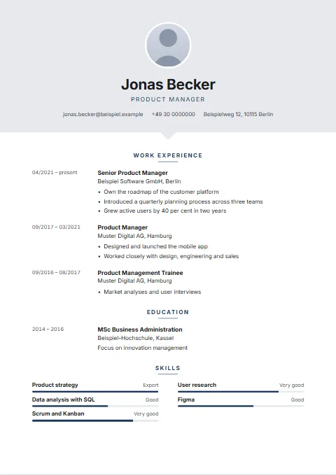 Notch CV template: A centred header on a tinted panel whose point faces down towards the content.