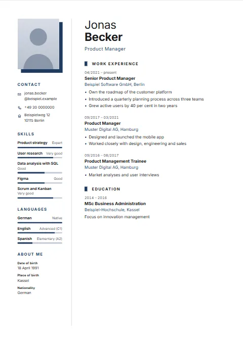 Offset CV template: A sidebar without a background, separated from the content only by a fine rule; the photo has an offset colour block behind it.