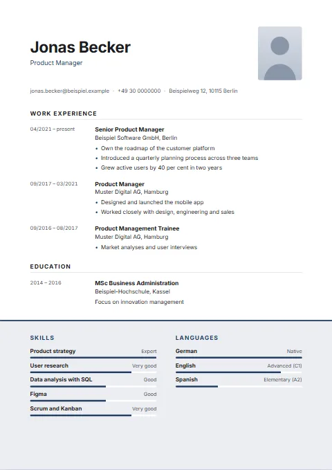 Plinth CV template: The career first; skills, languages and personal details sit side by side at the bottom on a tinted plinth.
