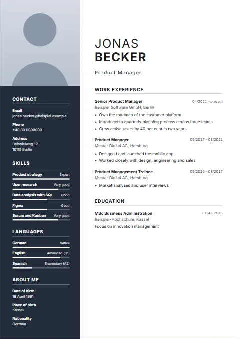 Portrait CV template: A large photo above a dark sidebar, with the name in two weights.