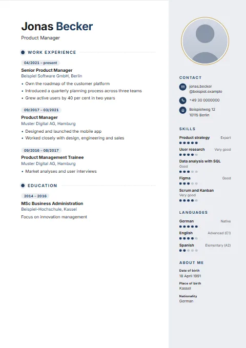 Pulse CV template: Levels as rows of dots: a tinted sidebar on the right with a round photo, dates as tags and headings with a dot and a dotted rule.