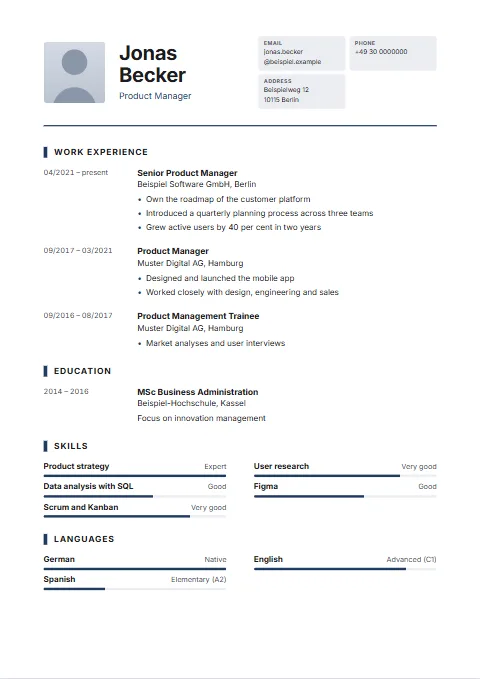 Quadrant CV template: Contact details as a grid of small tiles on the right of the header, with photo and name to their left.