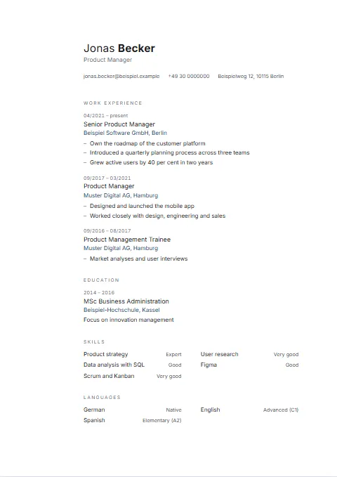 Quiet CV template: Quiet and asymmetrical: a wide empty margin on the left, a small name, grey headings and not a single rule.