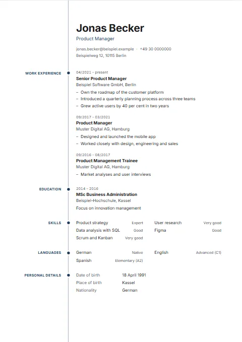 Rail CV template: One continuous vertical line divides the page: headings right-aligned to its left, content to its right.
