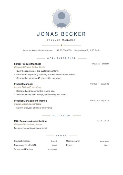 Regent CV template: Ceremonial and centred: a letter-spaced name, a diamond between two metallic rules and centred headings.