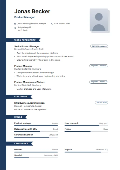 Ribbon CV template: A band of colour down the left edge, with the headings projecting from it like flags.