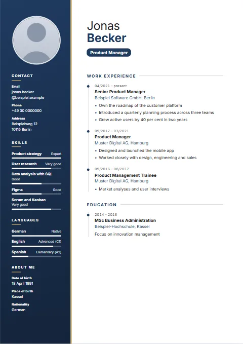Sidebar CV template: A coloured sidebar for the person, with the career along a timeline.