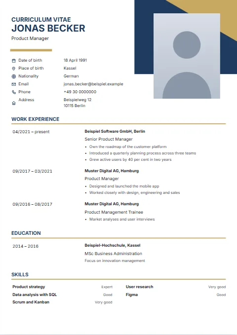 Slate CV template: A dossier with an edge: a colour block with a cut corner and the photo top right, details as a table with icons, headings with a bold rule and a wide column for the dates.