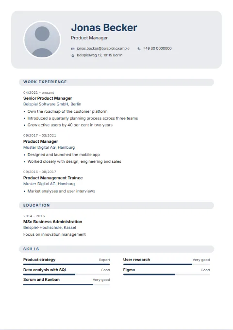 Soft CV template: Soft and light: the header on a large tinted panel with rounded corners, and headings on light full-width tags.