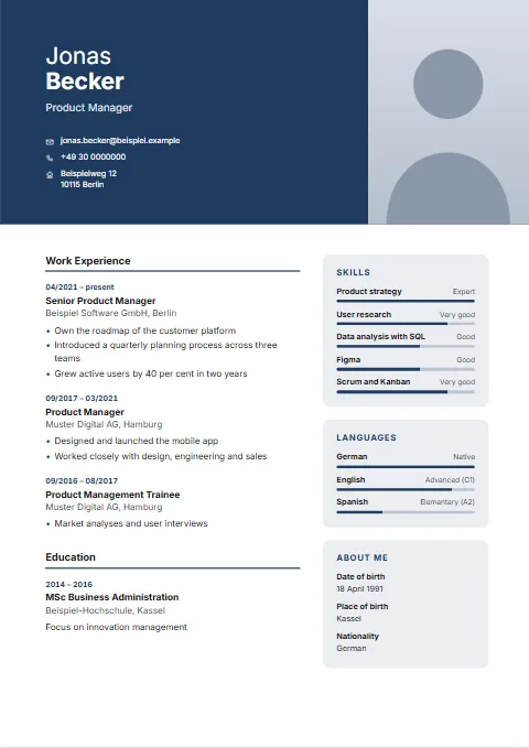 Split CV template: A header that is half colour block, half photo; skills and languages on tinted cards.