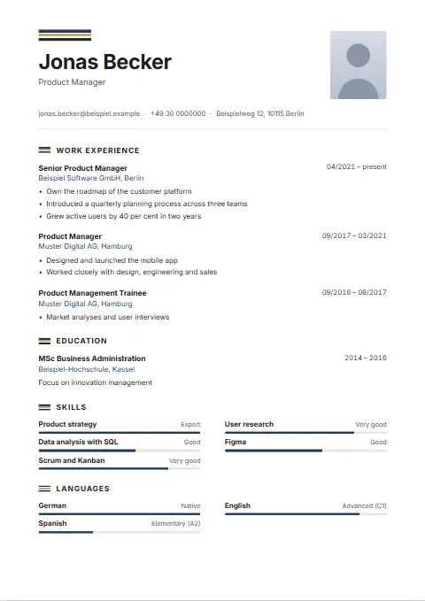 Stripe CV template: Three stripes in the accent colour, a metallic tone and charcoal, as a mark above the name and before each heading.