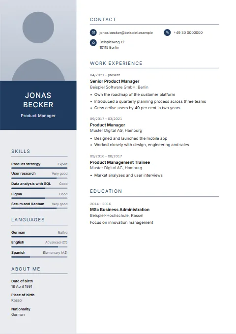 Studio CV template: Photo and name block in the sidebar, with contact details and round icons in the header.