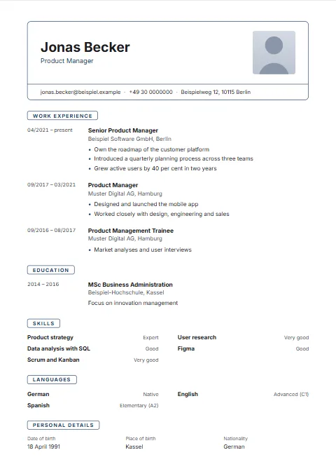 Ticket CV template: The header as a framed box: name and photo at the top, contact details on a line of their own below; headings as outlined tags.