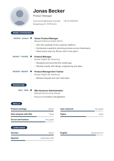 Timeline CV template: The career along one continuous timeline, with the dates to its left.