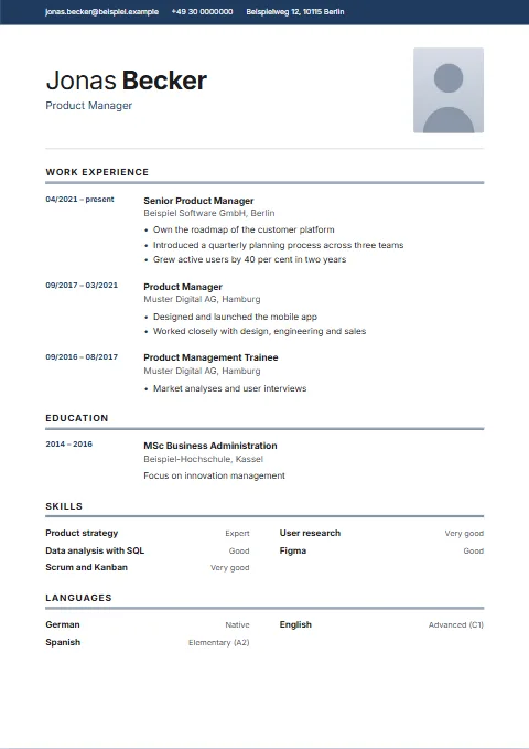 Topline CV template: A narrow colour bar at the very top carries the contact details in white; below it a large name, the photo on the right and headings with a double stroke.