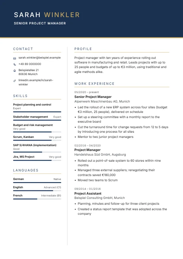 Banner CV template with a fictional example, colour: navy