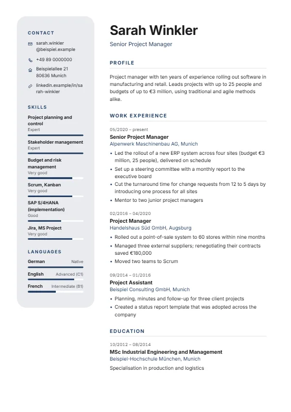 Capsule CV template with a fictional example, colour: navy