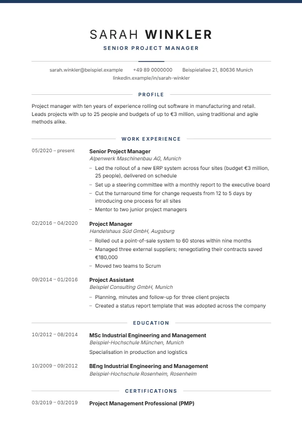Classic CV template with a fictional example, colour: navy